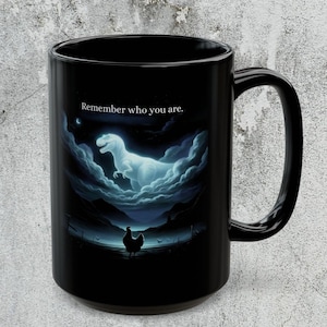 Kom ihåg vem du är-mugg, rolig evolutionsskämt-meme-mugg, kyckling-dinosaurie-mugg, T-Rex-mugg