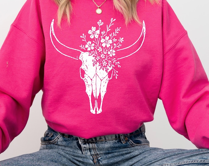 Floral Bull Skull sweatshirt, Cow Skull with Flowers crewneck