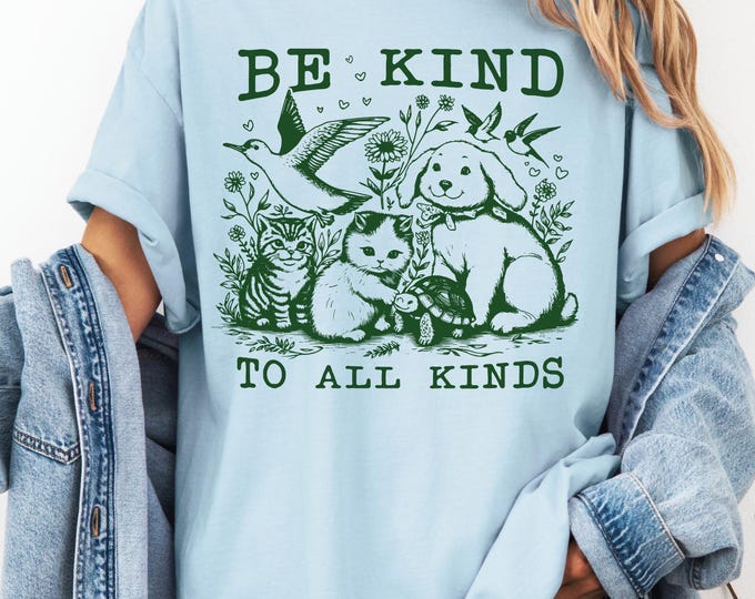Be Kind to All Kinds Comfort Colors® Shirt, bunny puppy turtle Tshirt, oversized nature aesthetic Tee, retro vintage woodland creatures.