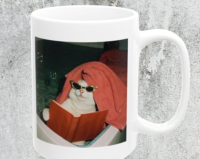 Self Care Cat Meme Mug, Bubble Bath Reading Cat Vintage Meme Mug