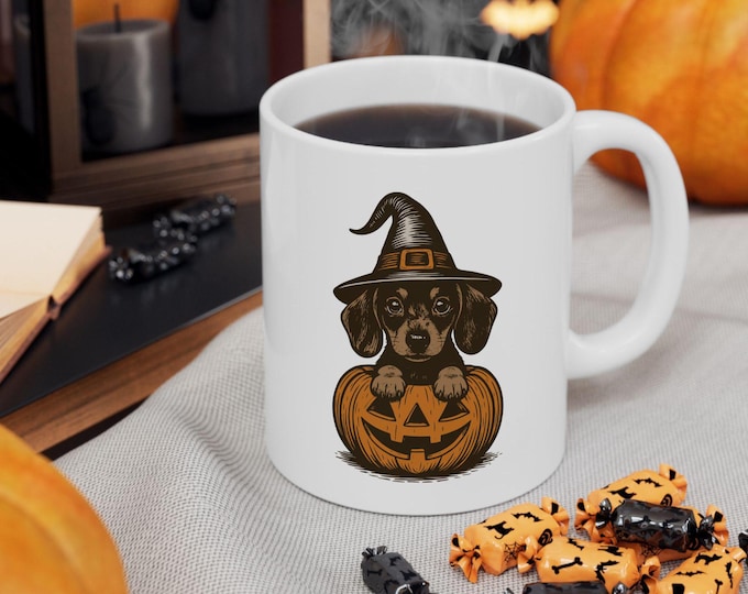 Dachshund Coffee Mug, Halloweenie Doxie mug, Doxin coffee cup, Doxin Pumpkin halloween cup, dachshund mom cup, wiener dog Gift
