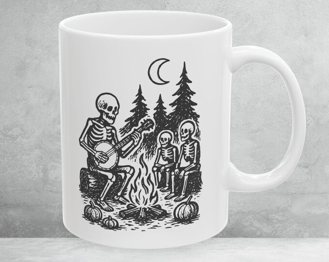 Banjo Lover Halloween Mug, BlueGrass Mug, Campfire Skeleton Mug, Musician Halloween Gift, Banjo Lover Gift