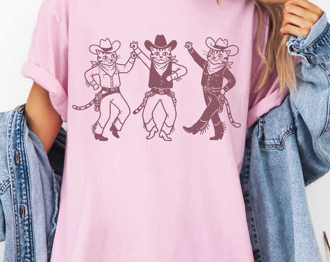 Dancing Cowboy Cats Tee, Comfort Colors T-shirt, Graphic Funny Cat Tee, Cat Lover Gift, Retro Cat Shirt, Western Cat Top, Funny Feline Tee