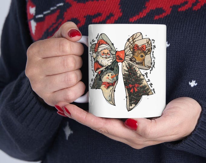 It's the most wonderful time of the year Mug, Santa Claus Mug, Vintage Christmas Mug, Christmas Coquette bow Mug, Reindeer snowman Mug