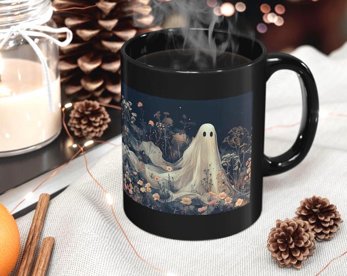 Ghost in Wildflowers Mug, Festive Halloween Ceramic Mug, Fall aesthetic, Halloween theme, perfect gift for ghost lover, Fall Decor Ghost Cup