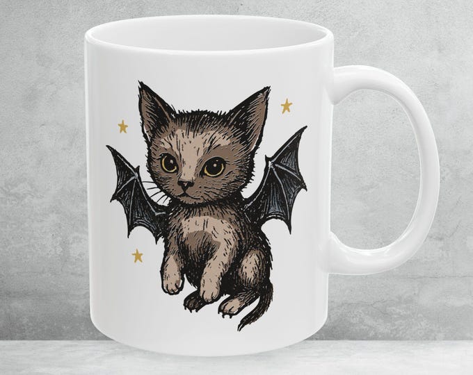 Bat Cat Halloween Mug, Spooky Cat Halloween Coffee Cup, Black Cat Bat Lover Gift, Halloween Cat Mug, Halloween Kitty Kitchen Decor