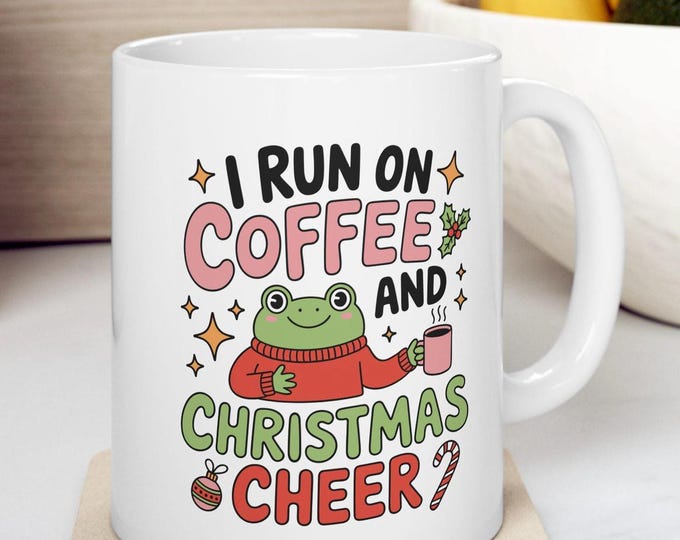 I Run on Coffee and Christmas Cheer Mug, Coffee Frog Mug, Christmas Frog Mug