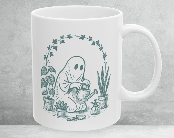 Cute Ghosts Planting Flowers Coffee Mug, Halloween ghost theme, perfect Mug for Teacher, Ghost Flowers Mug, Fall flower Mug