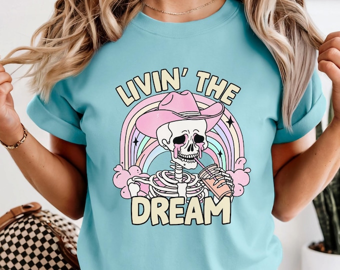 Livin the Dream TShirt, Rainbow Skull Shirt, Oversized Rainbow Grunge Tee, Trendy rainbow Indie Boho Graphic Tee