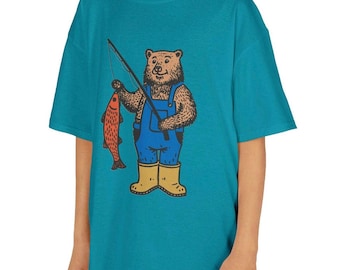 Kids vintage Bear Fishing TShirt, Retro Fishing Shirt for kids, Bear salmon shirt, Bear lover gift, Alaska bear fishing shirt for kids