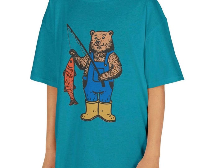 Kids vintage Bear Fishing TShirt, Retro Fishing Shirt for kids, Bear salmon shirt, Bear lover gift, Alaska bear fishing shirt for kids