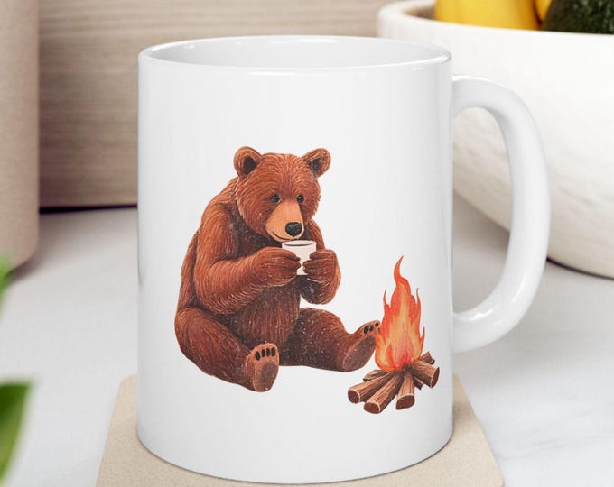 Bear Drinking Coffee Mug, Woodland Animal Lovers Coffee Mugs, Hipster Nerdy Animal Coffee Mug, Grizzly Bear Lovers Gift