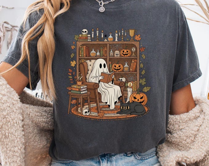Ghost Reading Comfort Colors Shirt, Black Cat Reading Gift Tee, Halloween Shirt, Spooky Graphic Tee, Lightweight Cotton Tee