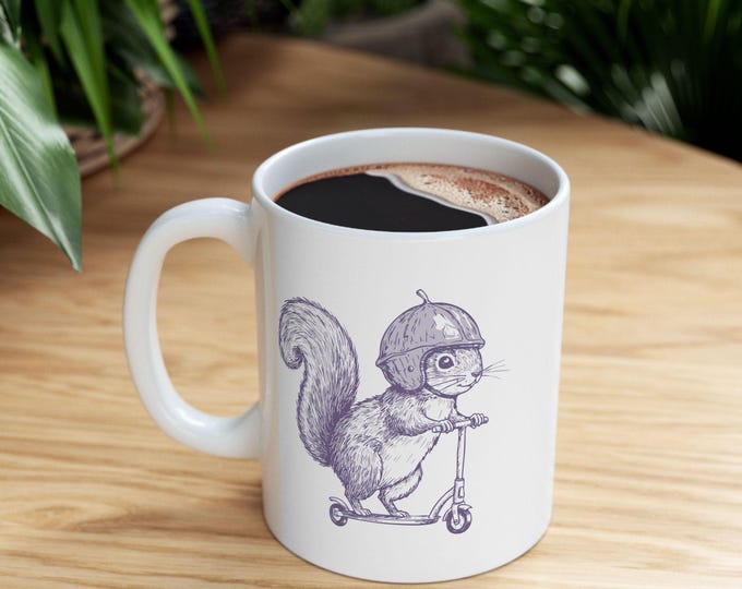 Scooter squirrel Ceramic Mug, Acorn Coffee Cup, Animal Lover Gift, Cute Woodland Creature Drinkware, Funny Squirrel