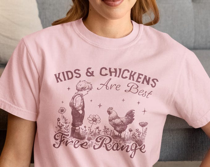 Featured listing image: Free Range Children T-Shirt for Outdoorsy Moms, Chicken Graphic Tee, Nature Lover Gift, Adventure Apparel, Casual Top, 1000 Hours Outside