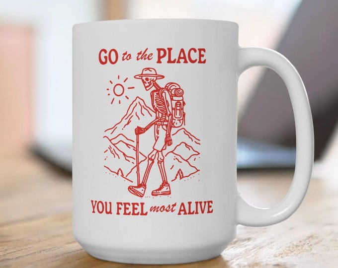 Hiking Skeleton Backpacker Mug, PCT Hiker Mug, Appalachian Trail Backpacking Mug