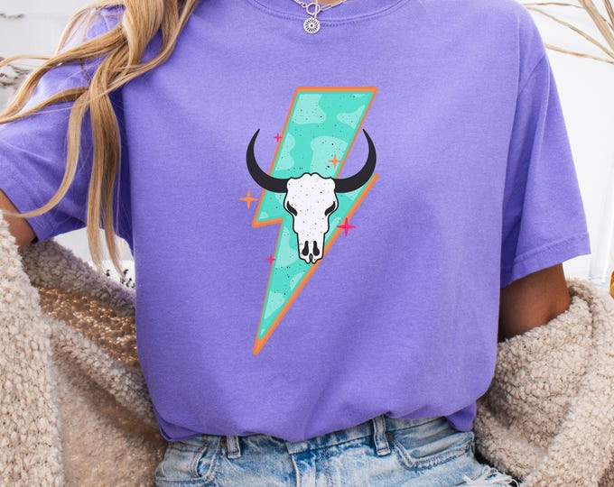 Comfort Colors Boho Cow Skull Lighting Bolt Shirt