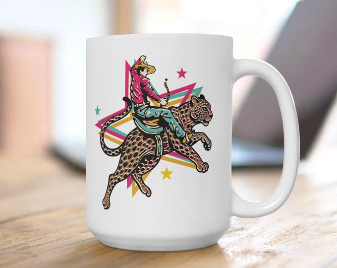 Cowboy Riding Jaguar Mug, Western Cheetah Cowboy Mug, Retro Leopard Cowboy Mug