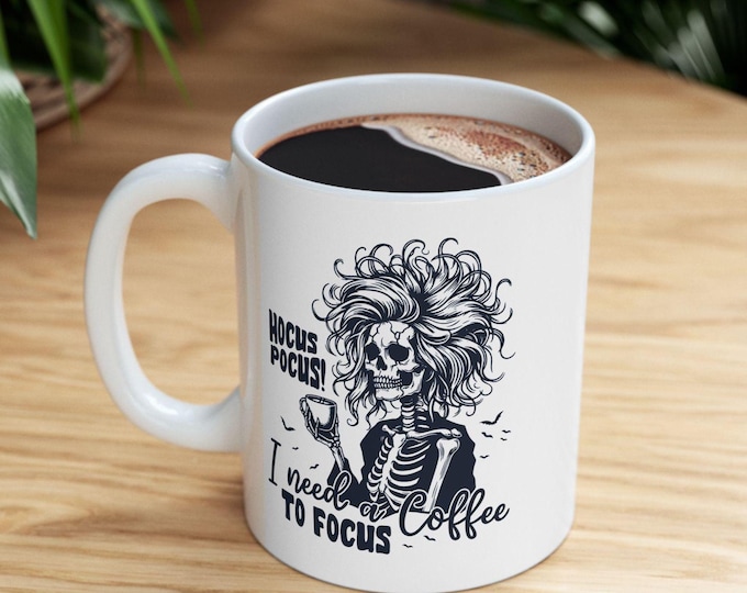 Hocus Pocus I Need Coffee To Focus Mug Funny Halloween Gift for Mama Coffee Lover Cup Fall Seasonal Design, Trendy Halloween Mug