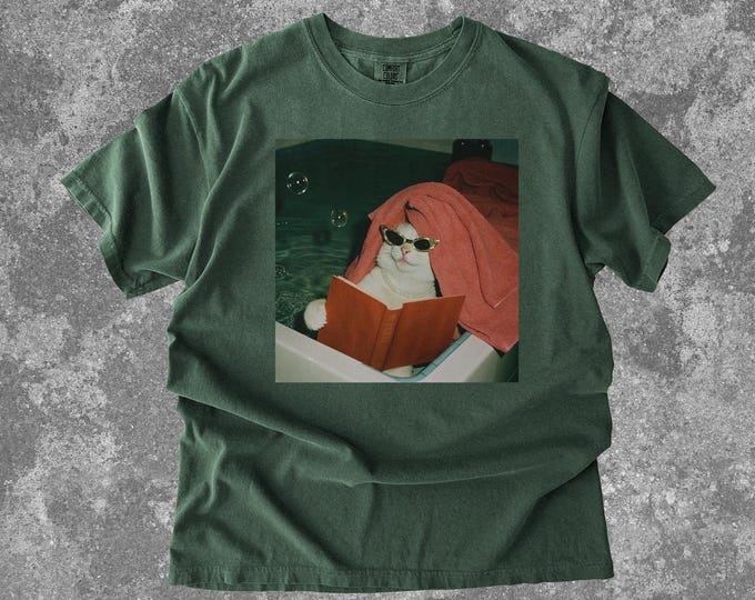 Vintage Cat Meme Shirt, Retro Cat Reading in Bathtub Meme Tee