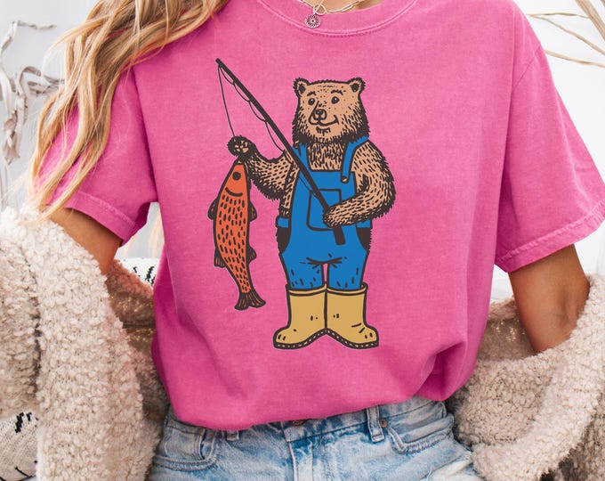 Comfort Colors® Bear Fishing Vintage Tshirt, Retro Boho Bear Lovers Tshirt, Cute Bear Shirts, Nature Alaska Adult Cotton Shirt, Grizzly Bear