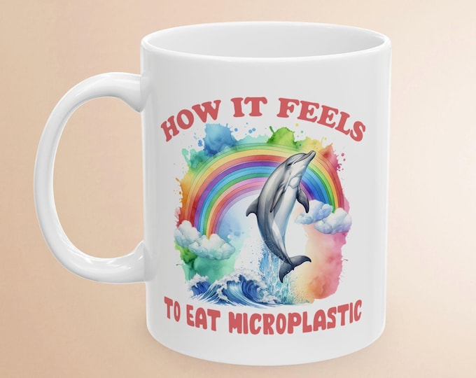How it Feels to Eat Microplastics, Dolphin Rainbow mug, sarcastic weird mug, weirdcore funny dolphin mug with rainbow, funny sayings mug
