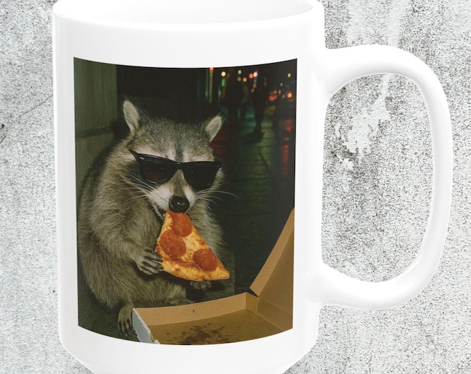 Pizza Raccoon Meme Mug, Street Raccoon Wearing Sunglasses Mug