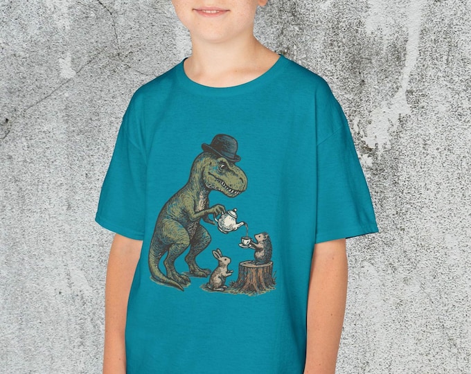 T-Rex Tea with Hedgehog and Rabbit Kids Tee, Dinosaur Tea Party Kids Shirt