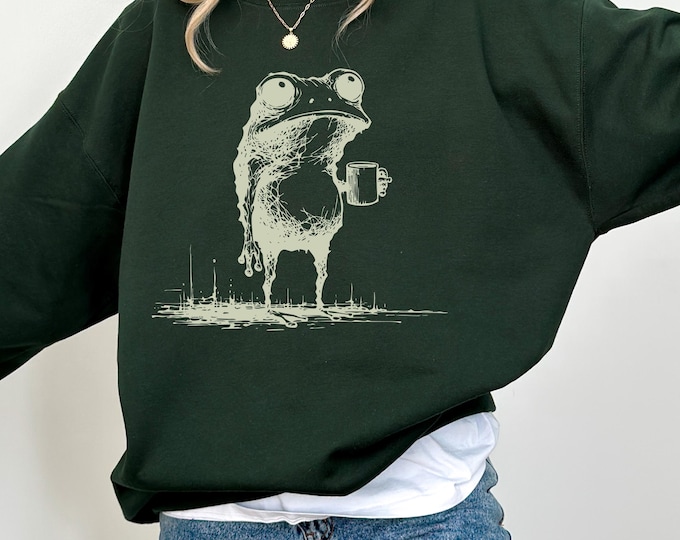 Distressed Frog Drinking Coffee Sweatshirt, Cozy Amphibian Coffee Mug Tee, Y2K frog drinking coffee