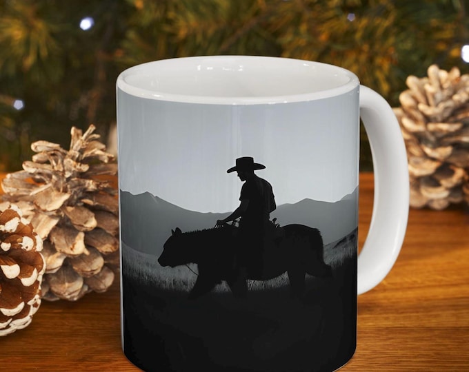 Cowboy Riding Grizzly Bear Mug, Montana Cowboy Mug, Funny Vintage Cowboy Bear Mug