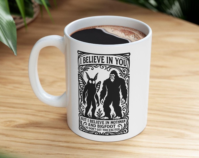 Cryptid Mug, Mothman and Bigfoot Coffee Cup, Cryptid Lover Mug, Paranormal Creature  Mug, Mythical Beast Drinkware, Unique Weird Mug