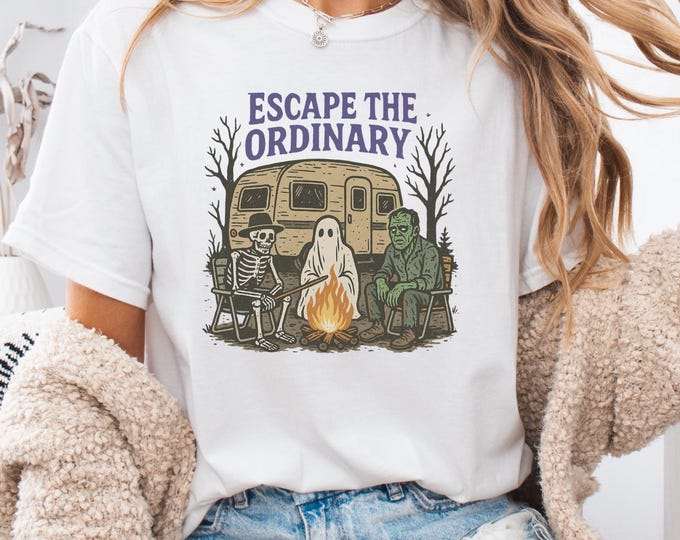 Escape The Ordinary Frankenstein Mummy skeleton Halloween Shirt, Spooky Camping Shirt, RV Camping Crew, Spooky Season Camping