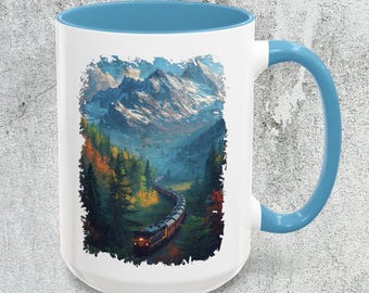 Mountain Landscape Train Mug, Scenic Locomotive Mug, Train Lover Gift