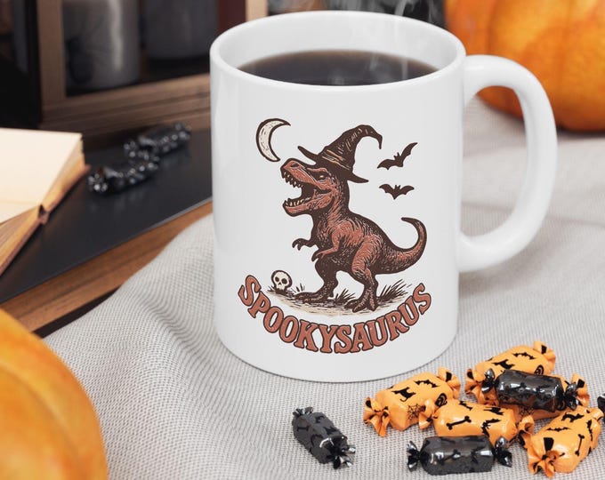 T-Rex Halloween Mug - Dinosaur Coffee Cup for Fall,  Spookysaurus Mug, Funny Dinosaur Mug for Halloween, Gift for T-Rex Lover