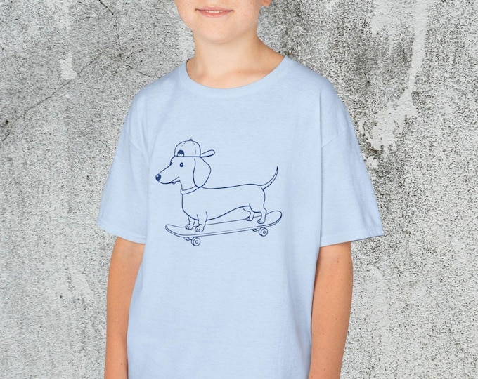 Skateboarding Dachshund Kids Tee, Cute Doxin Skateboard Shirt