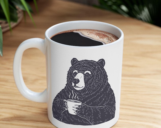 Bear Drinking Coffee Mug, Woodland Animal Lovers Coffee Mugs, Hipster Nerdy Animal Coffee Mug Grizzly bear Lovers Gifts Cup, Alaska Mug