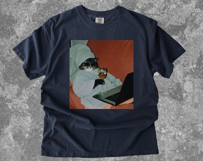 Self Care Cat Meme Shirt, Work From Home Cat Meme, Cat Drinking Wine Vintage Meme Tee