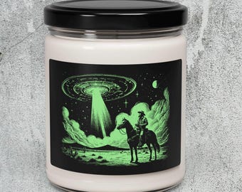 UFO Cowboy Candle, Alien Spaceship Candle, Sci-Fi Soy Wax Candle