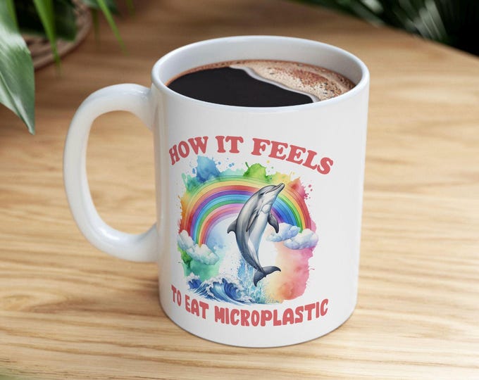 How it Feels to Eat Microplastics, Dolphin Rainbow mug, sarcastic weird mug, weirdcore funny dolphin mug with rainbow, funny sayings mug