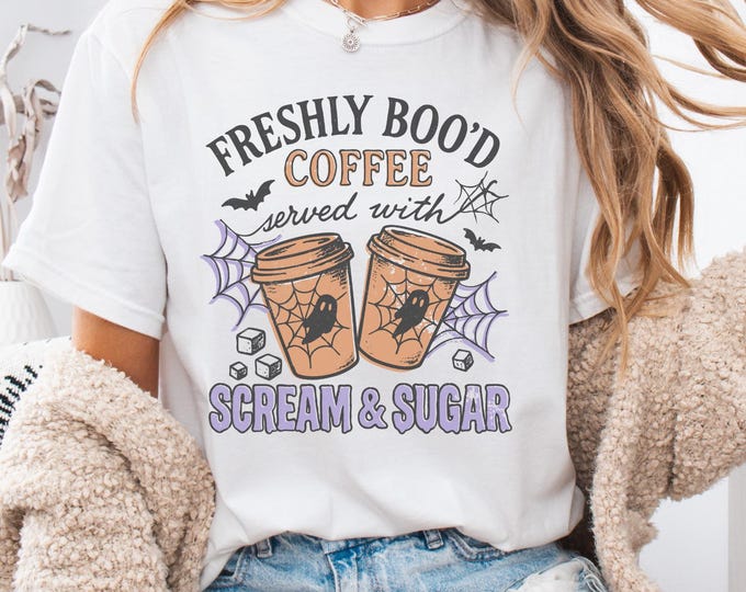 Comfort Colors®Halloween Freshly Boo’d Coffee shirt, Halloween Coffee Lover Shirt, Ghost Coffee Tshirt, Scream and sugar Shirt