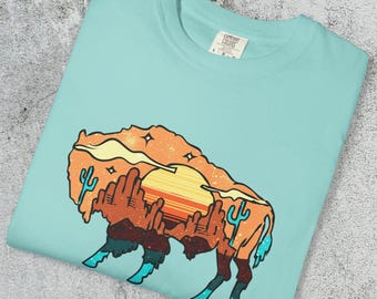 Comfort Colors Desert Sunset Buffalo Shirt, Bison Cactus Landscape Tee