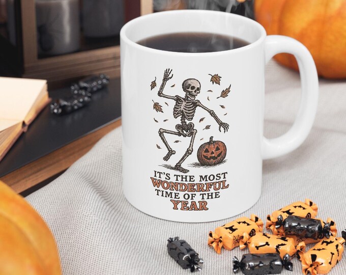 It's the Most Wonderful Time of The Year Halloween Mug, Spooky Halloween Skeleton Mug, Cool Halloween Party Mug,  Pumpkin Skeleton Mug