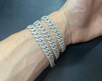 MOISSANITE Stones Prong Miami Cuban Link Chain Bracelet, 10mm Solid 925 Sterling Silver, Rhodium, Hip Hop, 7&quot;, 8&quot;, 9&quot;, PASSES DIAMOND Tester