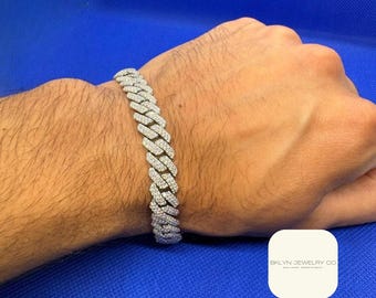Moissanite Cuban Link Bracelet 10mm Prong Miami 925 Silver w/ 18K Rhodium, VVS, Hand-Set, Iced Out Bling, Diamond Tester Pass, 7-9&quot; Unisex