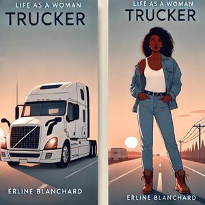 Könnte beinhalten: Buchcover-Illustration einer Frau, die einen Sattelzug fährt. Das Cover zeigt den Text "Life as a Woman Trucker" und den Namen der Autorin "Erline Blanchard".