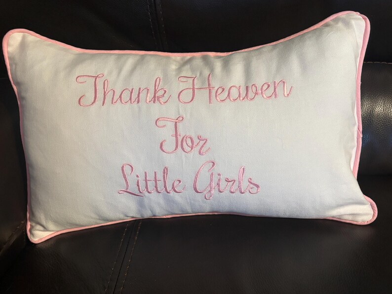 Little Girls Bedroom Pillow Cover Embroidered Custom Baby Nursery Gift White Cotton Pique Lumbar Rectangular Cushion Thank Heaven Quote Personalized Toddler Present Baby Shower Essential Matching Piping Design Envelope Closure Infant Room