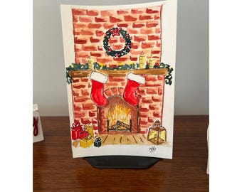 Original Watercolor Christmas Fireplace Painting – Cozy Holiday Mantel Art  – Christmas Home Decor – Hand-Painted 5x7