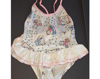 Vintage Catalina Girls Swimsuit White Pink Lemonade Cat Print Ruffle Bow 1PC