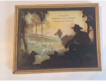 Vintage Reverse Painted Glass Silhouette Cowboy Advertising