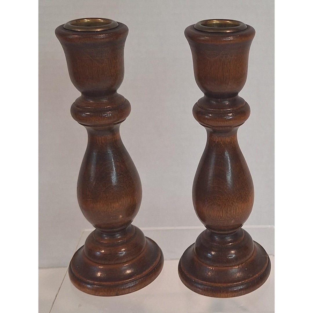 Vintage Turned Wood Candlestick Holders Pair Dark Brown Brass Inset 6. ...